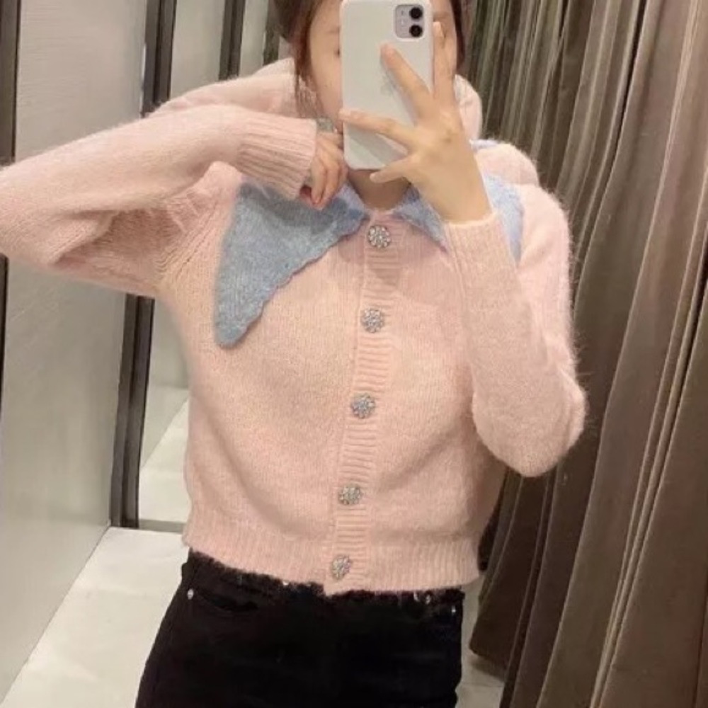 Cardigan sweater stone button pink blue collar short sweater knit - Picture 10 of 11
